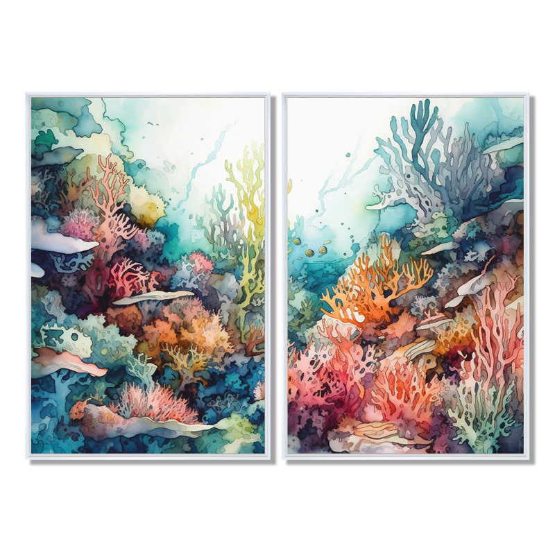 «Vibrant Coral Reef III», art mural moderne 2 pièces, H 36 po x l 48 po, Impression encadrée flottante, Blanc