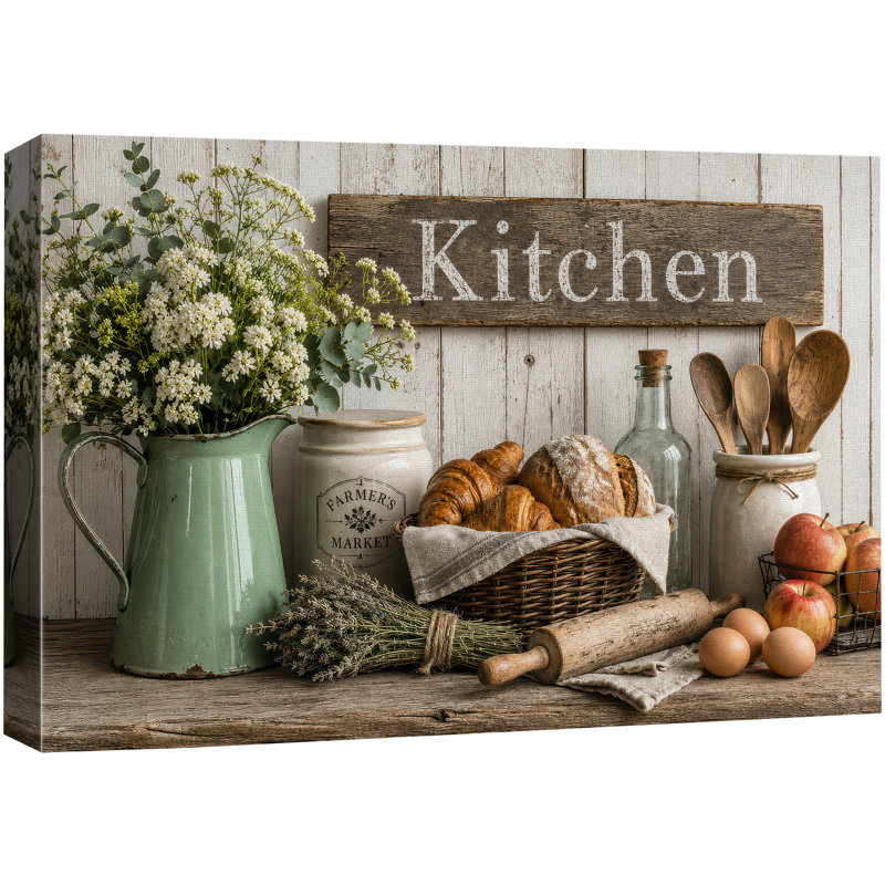 «Rustic Farmhouse Kitchen pain and Flower Still Life», images de cuisine, impression sur toile encadrée, impression numérique