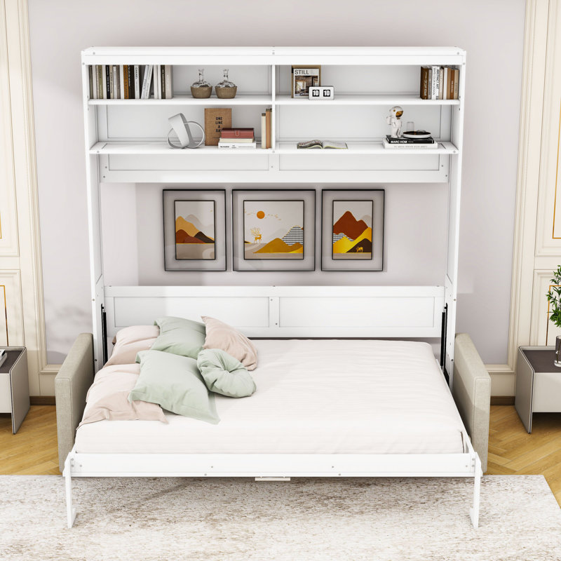 Grand lit escamotable mural avec canapé et tablettes de rangement, Blanc