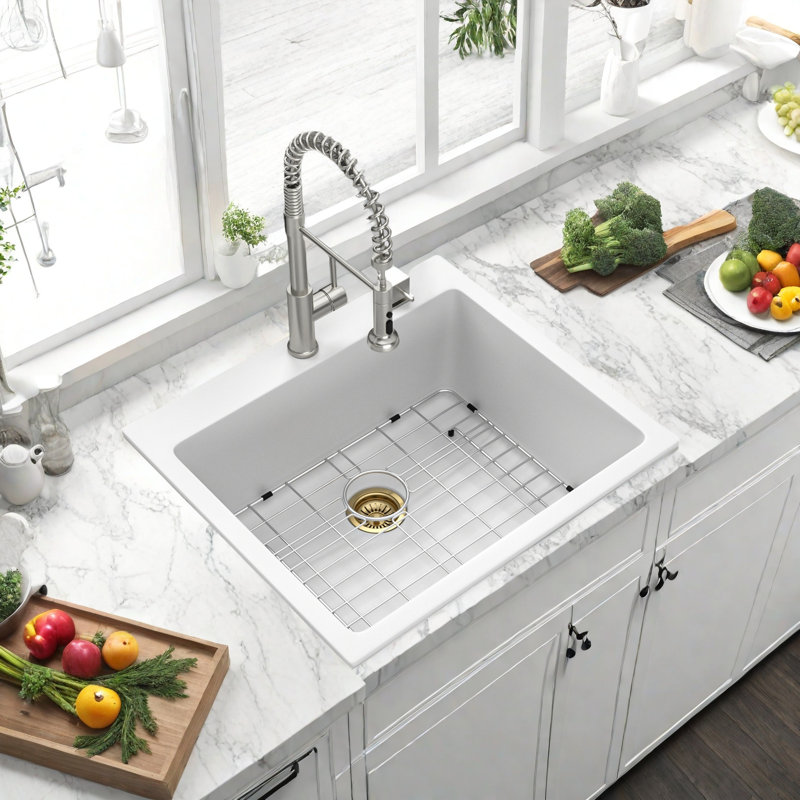 Quartz Composite Drop-In Kitchen Sink 25x22 Inch – Heavy Duty, Non-Porous Quartz, Low Maintenance, White