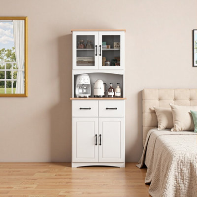 White Microwave Pantry Cabinet with Glass Doors & Drawers, Wood Countertop Kitchen Storage Hutch (23.62"L x 15.75"W x 66.90"H)