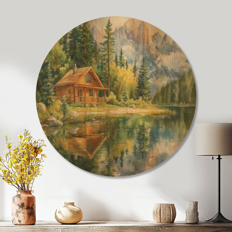 Bacus I - paysage rond, art mural en bois, 23" Round, Rond