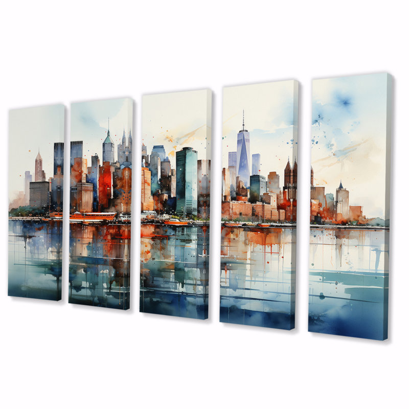 «Dreamy New York Scenery Retro Watercolor I», impression d'art mural de la ville de New York - 5 panneaux égaux