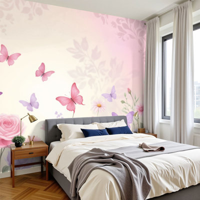 Boho Peel and Stick Wallpaper Pastel Butterflies Blooming Flower Garden Soft Pink Gradient Delicate Wall Murals 100"H x 144"W Removable PVC Wall Paper Self-Adhesive Wall Paintings Art Decor for Bedroom Living Room