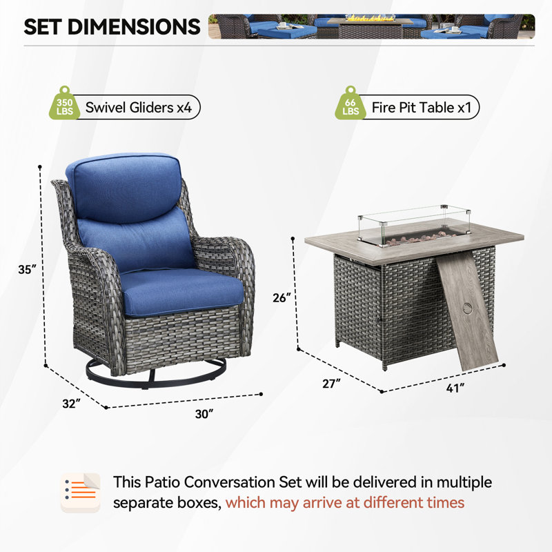 Ensemble de conversation avec table de foyer et coussins 5 pièces Smile, Gris, Bleu