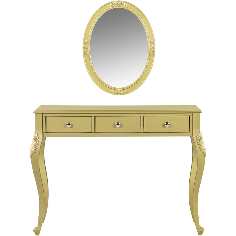 Elegant Makeup Vanity With Oval Mirror And 3 Drawers, Luxury Console For Hallway, Wood Gold Unique Storage Bedroom Entryway,