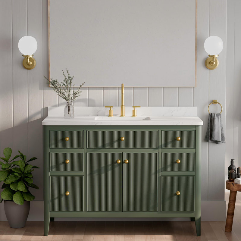 48" Fully Assembled Freestanding Solid Wood Bathroom Vanity With 2 Handle Sets And Carrara Marble Top, Green