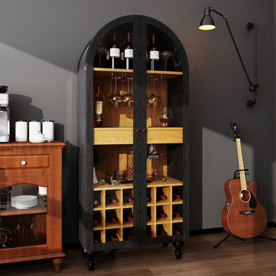 Artistic Arched Wine Storage Cabinet With Glass Doors, Drawer, And Wine Holder, 3-Tier Freestanding Modern Bar Cabinet For Home Entertaining