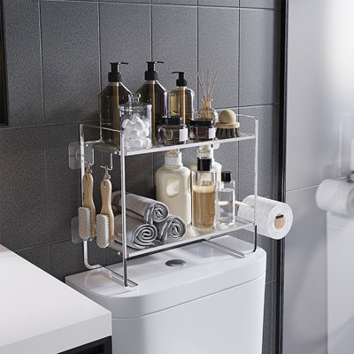 Étagère de rangement au-dessus de la toilette, support de rangement pour salle de bain et cuisine à 2 niveaux, organisateur de salle de bain de grande capacité avec crochet de suspension, tablette sans perçage pour articles de toilette, cosmétiques, rouleau de papier de toilette - argent