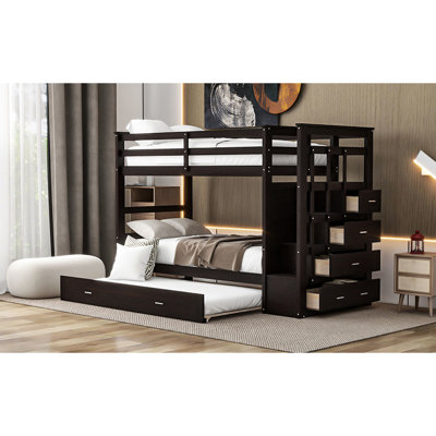 Lit simple au-dessus d'un lit superposé avec accès sécuritaire et lit gigogne - Bois massif pour une chambre à coucher sécurisée