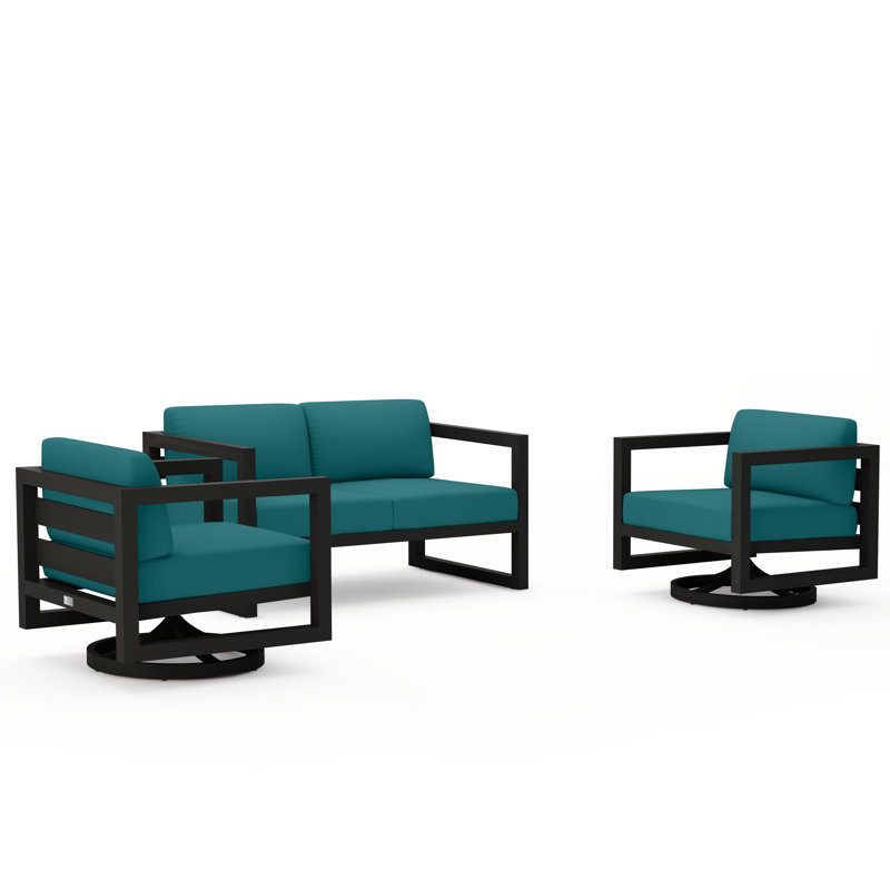 Avion 3 Piece Loveseat Set With Swivel, Slate, Spectrum Peacock Sunbrella® Plainweave