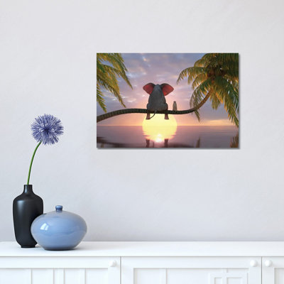 Elephant and Dog Sit on a Palm Tree on the Beach 1 Piece Wrapped Canvas Wall Art