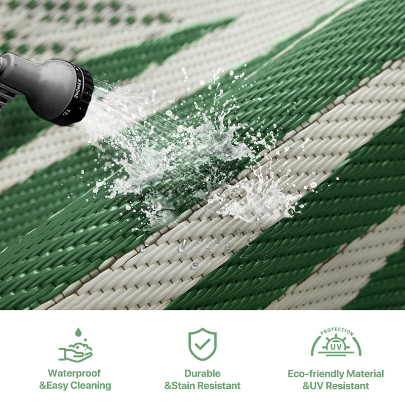 Reversible Outdoor Green Waterproof Plastic Mat, Recycled P.E.T Rug, Rectangle 6' x 9', Dark Green/White