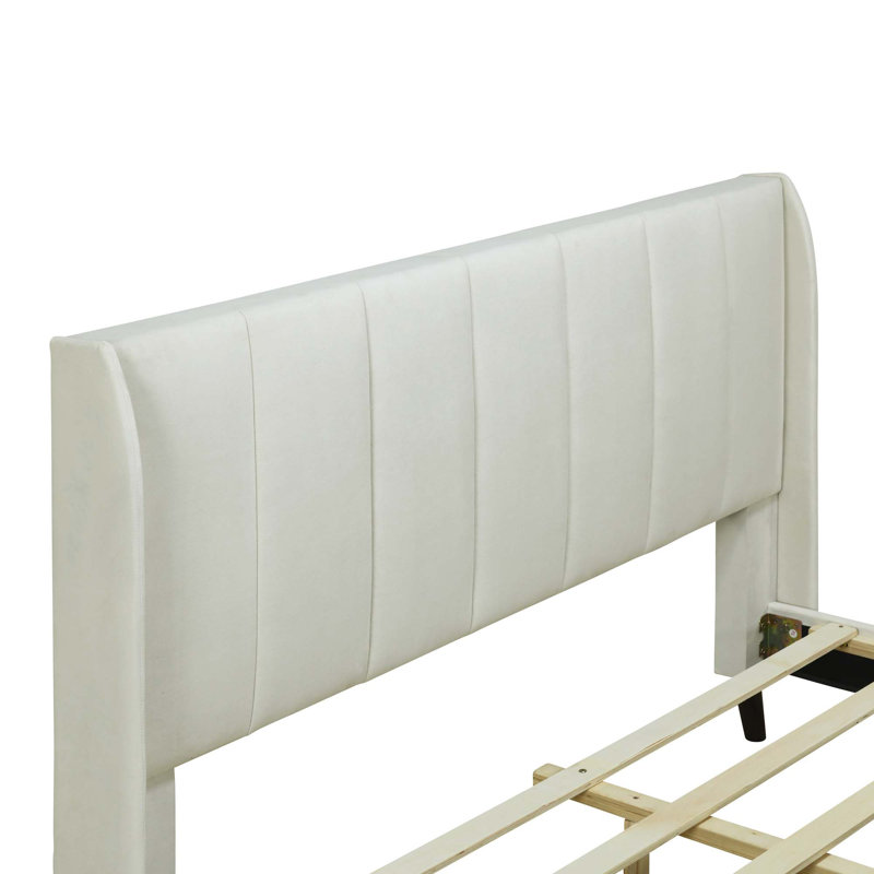 Lit plateforme tapissier, velours, Beige, Grand