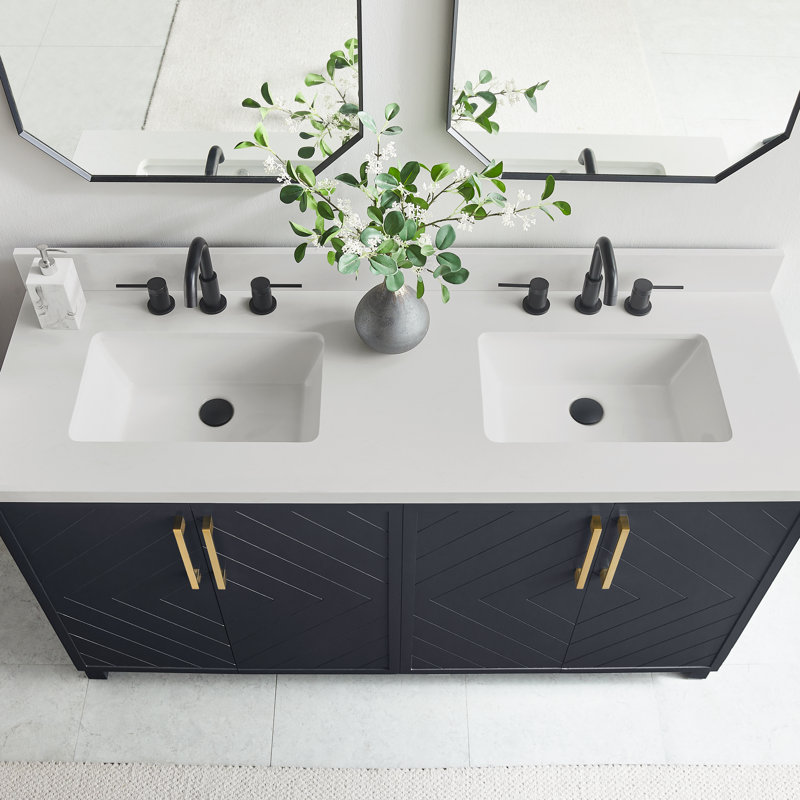 Keiera 60" Double Bathroom Vanity with Engineered Stone Top, Navy