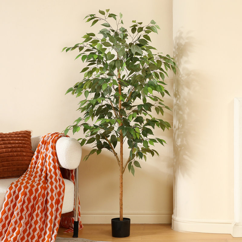 Adcock Artificial Ficus Tree in Pot with Realistic Leaves and Natural Trunk, 59" H x 15" W x 15" D