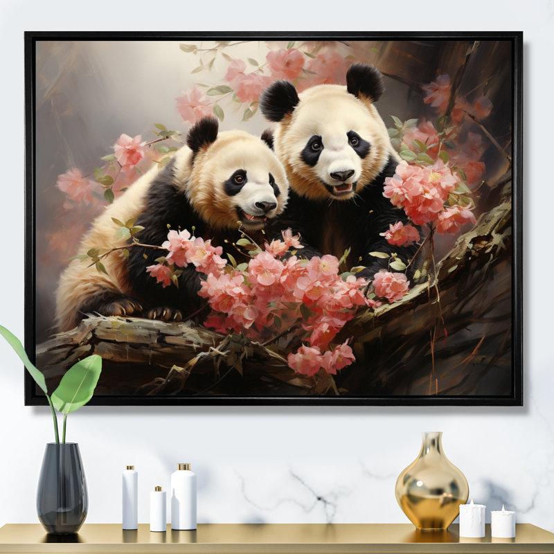 Damarrion China Pandas Playful II sur toile, 34" H x 44" W, Cadre flottant noir