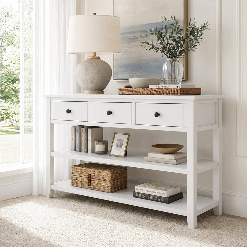 Console multifonctionnelle avec tablettes et tiroirs - Style Mid-Century pour tout espace, Blanc antique, Blanc antique