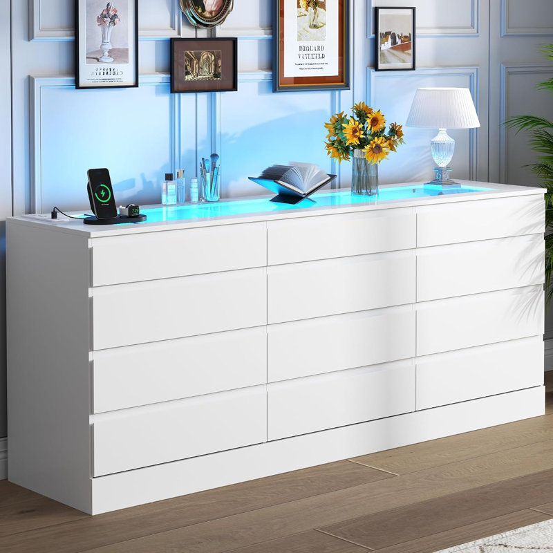 12 Drawer Dresser witu Glass Top, White
