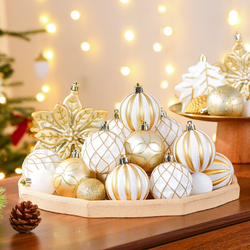 Ensemble de 106 boules de Noël décoratives pour arbre de Noël avec crochets suspendus, or et blanc