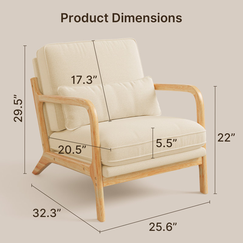 Solid Wood Accent Chair Upholstered Armchair with Pillow, Cream Linen Blend