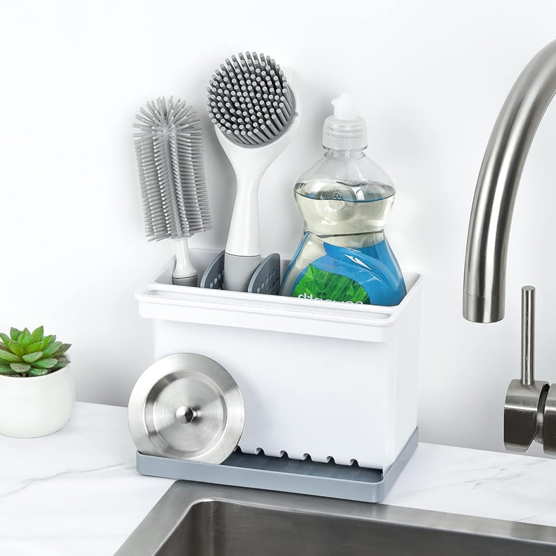 Support en plastique pour éponge de cuisine et porte-brosse pour évier, organisateur de comptoir avec séparateurs, Gris