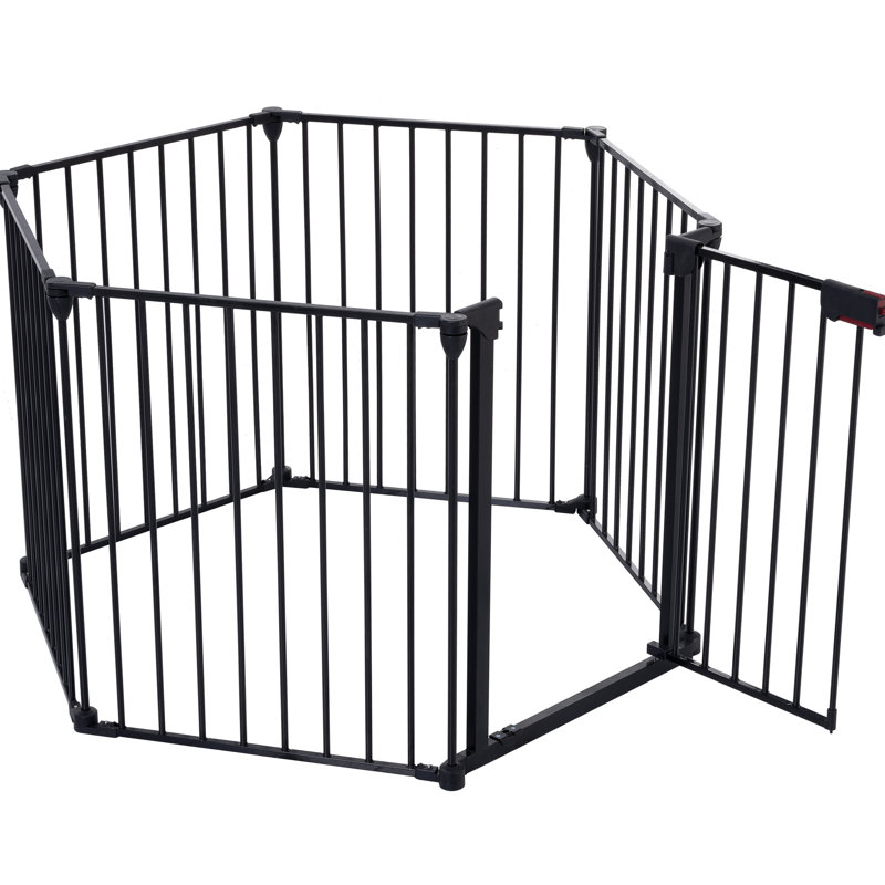 Barrière réglable de 150 po. Clôture en métal à 6 panneaux pour la maison et le foyer. Barrière de barrière configurable. Barrière de barrière. Escalier de jeu, arbre,