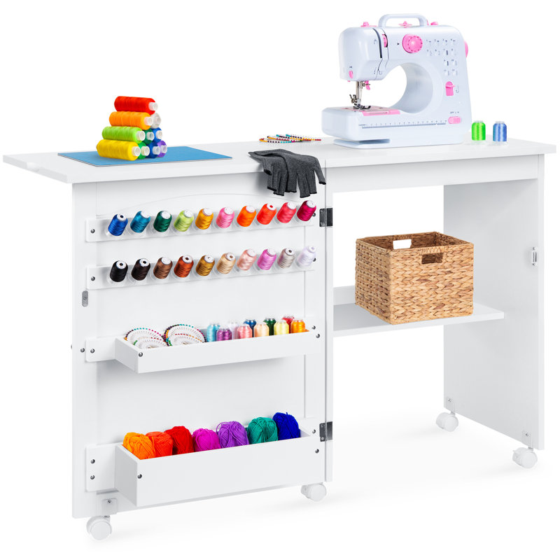Espresso Compact Folding Sewing Table with Storage and Wheels