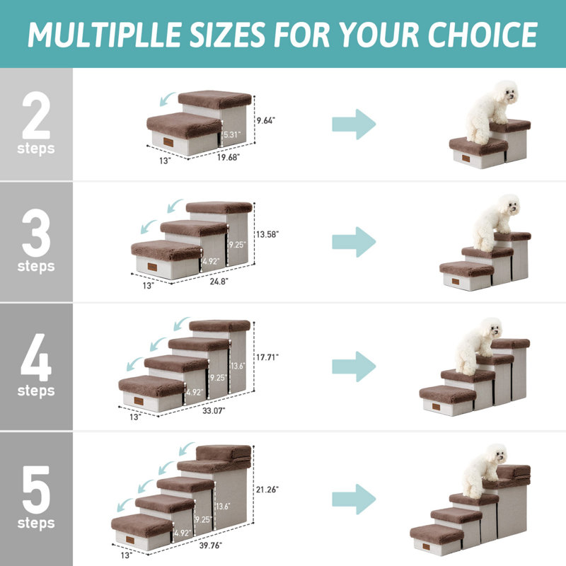 Escalier pour chien pliable à 2 niveaux avec marches d'escalier avec rangement et couverture souple ou chiots et chats plus âgés