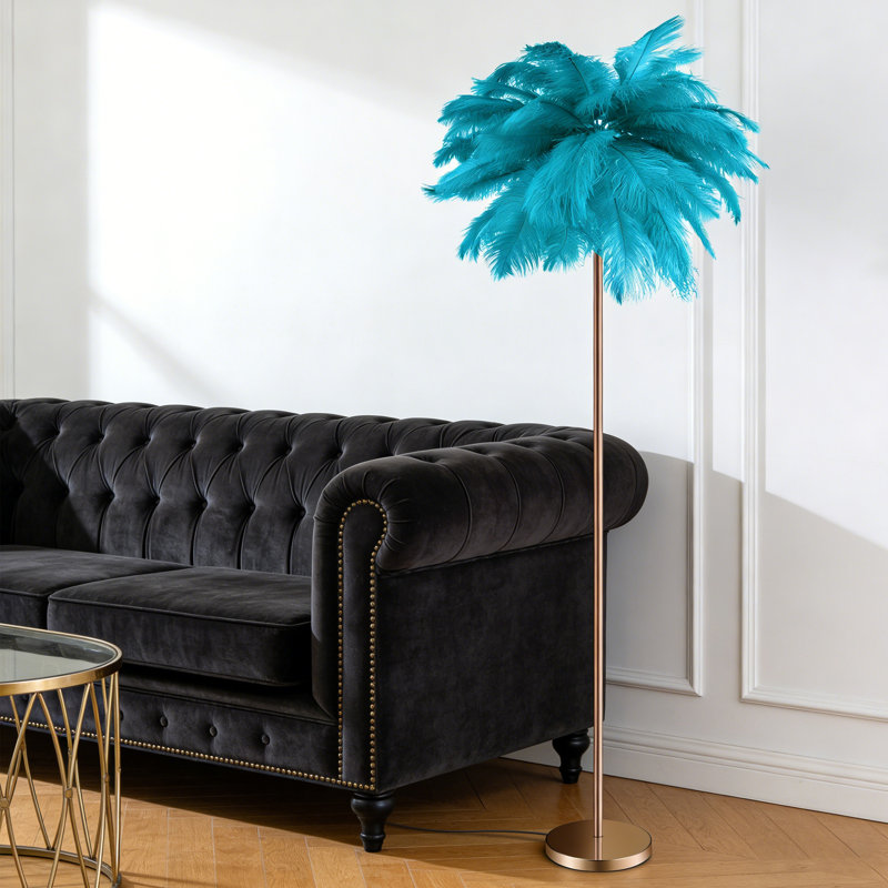 61'' LED Brass Feather Floor Lamp With Outlet, Teal Blue
