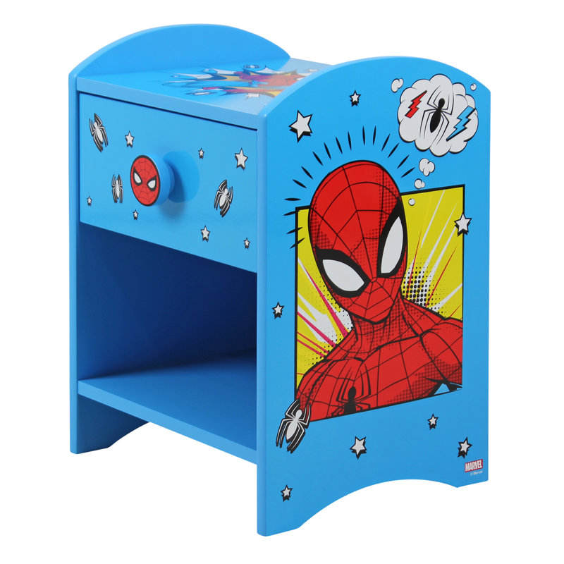 Spider-Man Bedside Table: Sturdy Engineered Wood Construction featuring a 2-tier Design for Ample Storage, Small Side Table with Drawer and Storage Shelf for Kid's Bedroom