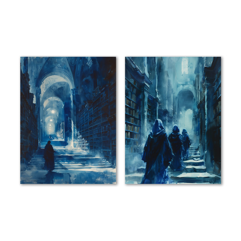 Blue Wizards Library Keepers I - Wizard 2, impressions sur métal surdimensionnées, 32" H x 48" W