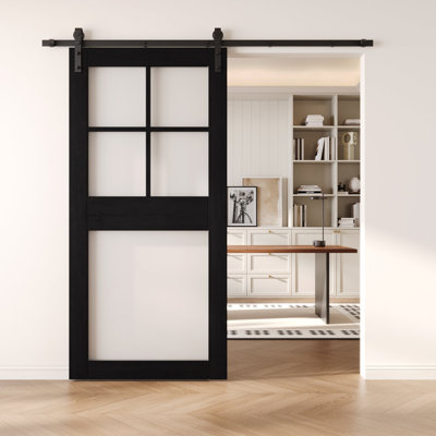 36x84 Black Color 5-Lite Frosted Glass Design Finished Unassembled Solid Wood Sliding Barn Door Only