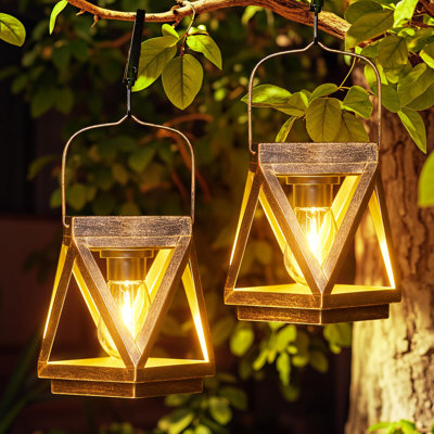 2 Pack Solar Hanging Lanterns, Vintage Geometric Outdoor , Decorative Lanterns For Garden, Patio, Yard, Tree Hanging Decor