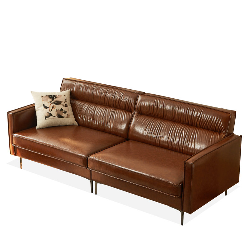 Canapé 86,61 po style Mid-Century 3 places, canapé en cuir microfibre ciré à l'huile avec dossier plissé et pieds en métal, brun