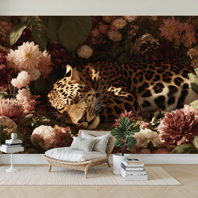 Peel and Stick Wallpaper 96" W x 69" H Modern Self Adhesive Wall Mural for Bedroom Gold Sleeping Leopard Luxury Jungle Colorful Cheetah Animal Retro
