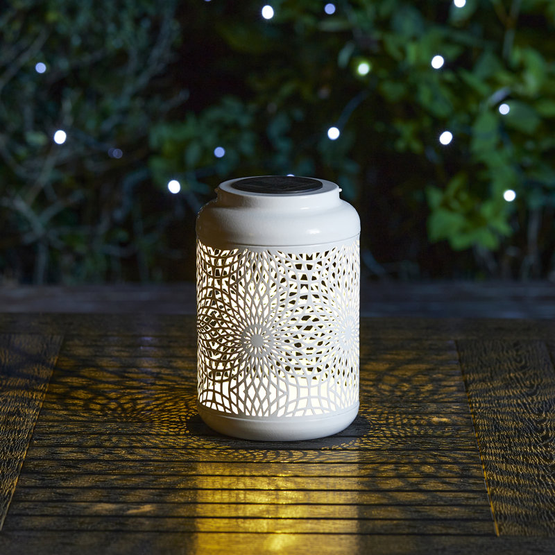8.75"H Metal Cutout Solar Powered Outdoor Hanging Lantern, White