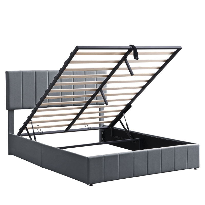 Grand lit plateforme avec rangement hydraulique et tête de lit tapissier, Gris, Grand lit
