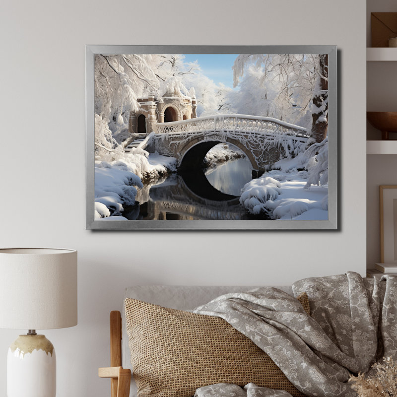 Snowy Bridges, reproduction d'art sur toile, H 24 po x l 32 po x P 1 po, Cadre simple argenté