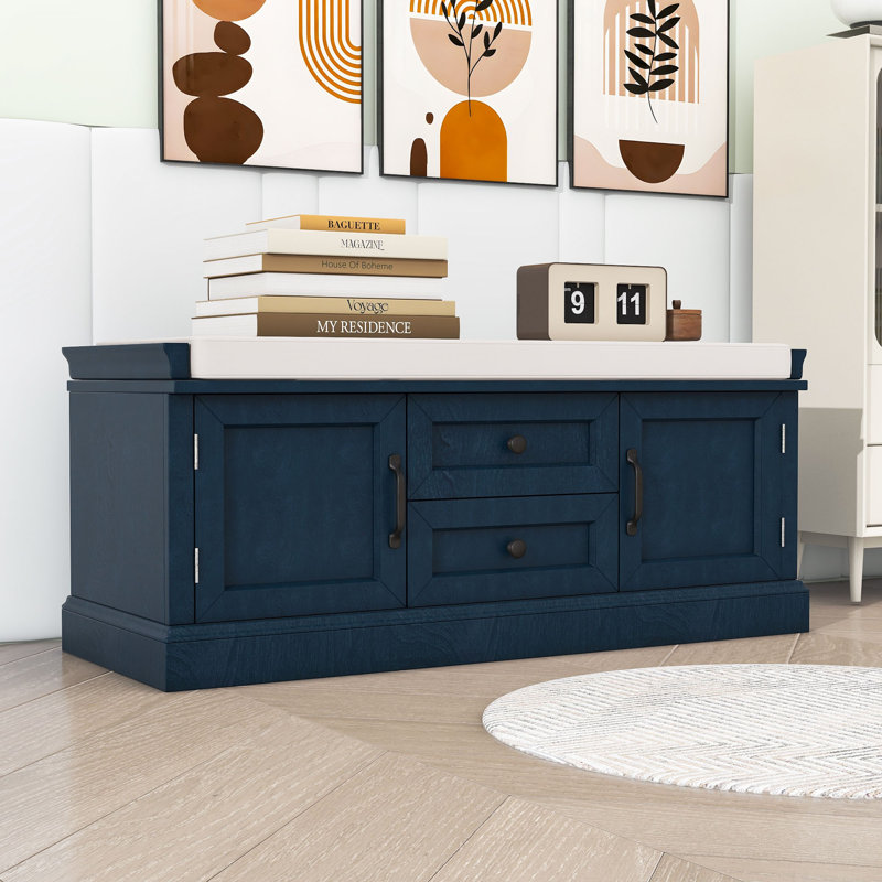 Storage Bench with 2 Drawers, 2 Cabinets and Removable Cushion for Entryway, Antique Navy