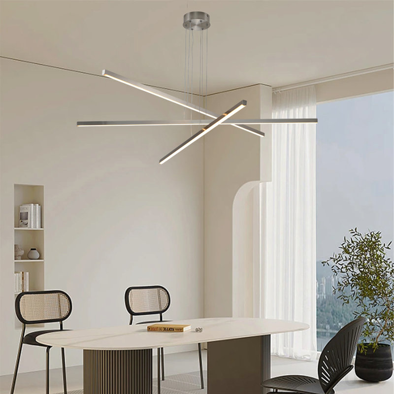 Lustre moderne de 48 po à DEL à 3 bras de conception géométrique, suspension réglable et finition métallique élégante pour la salle à manger, le salon et le bureau