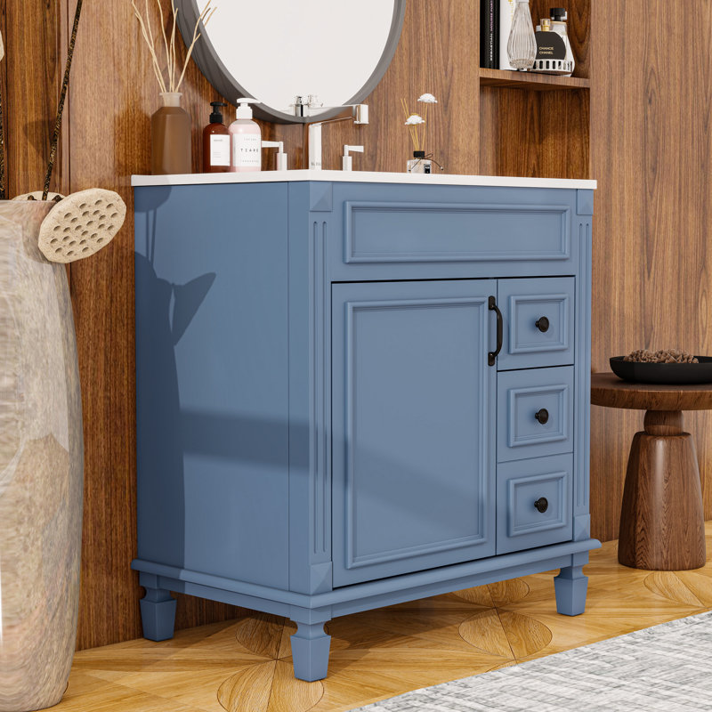 Meuble-lavabo avec lavabo en céramique, 2 tiroirs et tablette réglable, Bleu