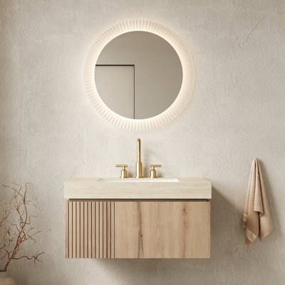 Meuble-lavabo de 91 cm (36 po) avec comptoir en pierre frittée, lavabo en céramique à 3 trous pour robinetterie, armoire flottante en contreplaqué, tiroir et porte, préassemblé, amortisseur de fermeture en douceur, finition chêne blanc, lavabo, comptoir, trop-plein.