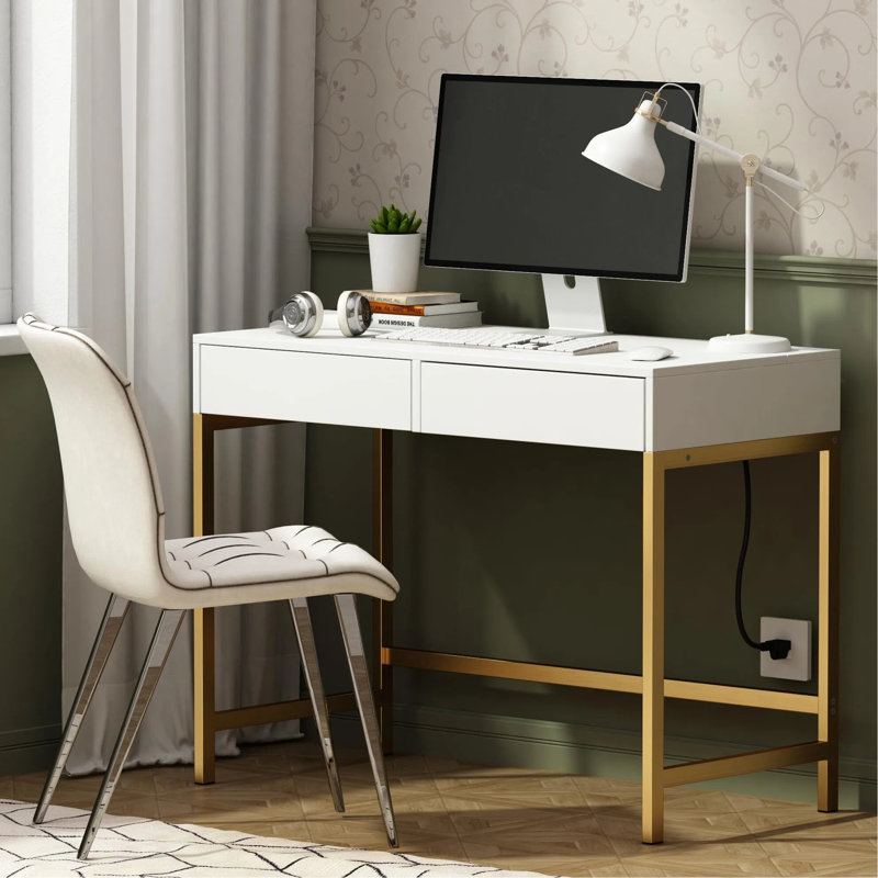 Bureau de charge 40 po avec 2 prises et 2 ports USB - Bureau d'ordinateur / meuble-lavabo à 2 tiroirs pour bureau ou chambre à coucher, blanc, doré