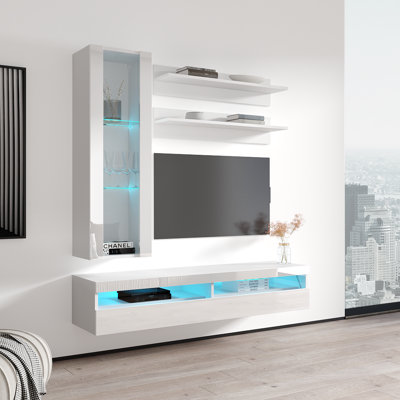 Laryssa 63" Modern Floating Wall Mounted Entertainment Center with 16-Color LED Lighting, High Gloss Finish