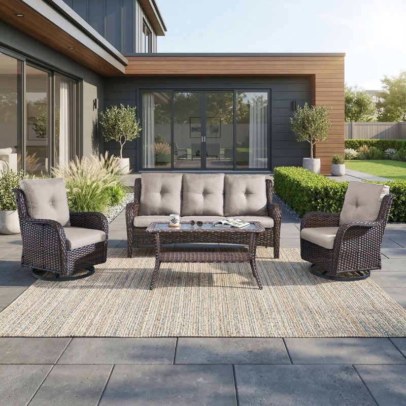 Carolina 5-Person Square Outdoor Conversation Set With 3-Seat Sofa And Coffee Table, Blue, Brown