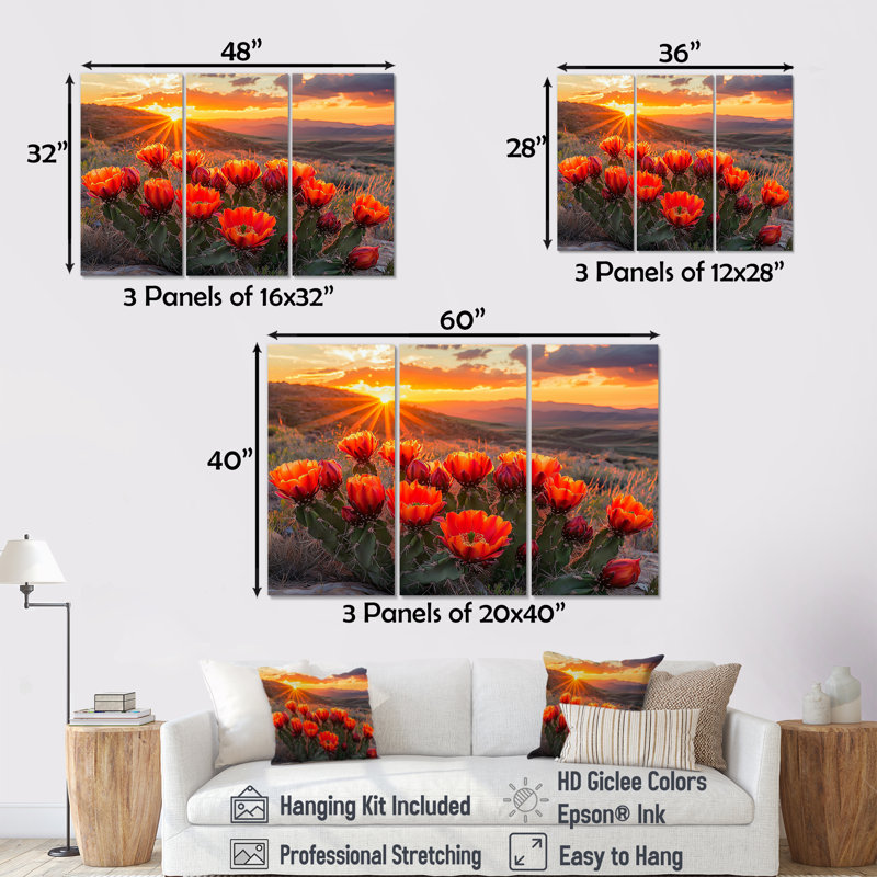 Cactus en fleurs au coucher du soleil II - art mural cactus - ensemble de 3, H 32 po x l 48 po, Toile tendue