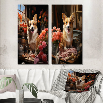 Flower Corgis Laundry Day - Animals Dog Wall Art Prints Set Of 2