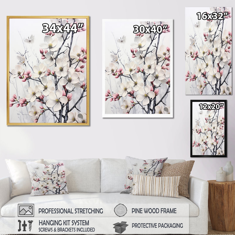 Calme de cornouiller blanc et rose sur toile, H 44 po x l 34 po x P 1,5 po, Cadre flottant blanc