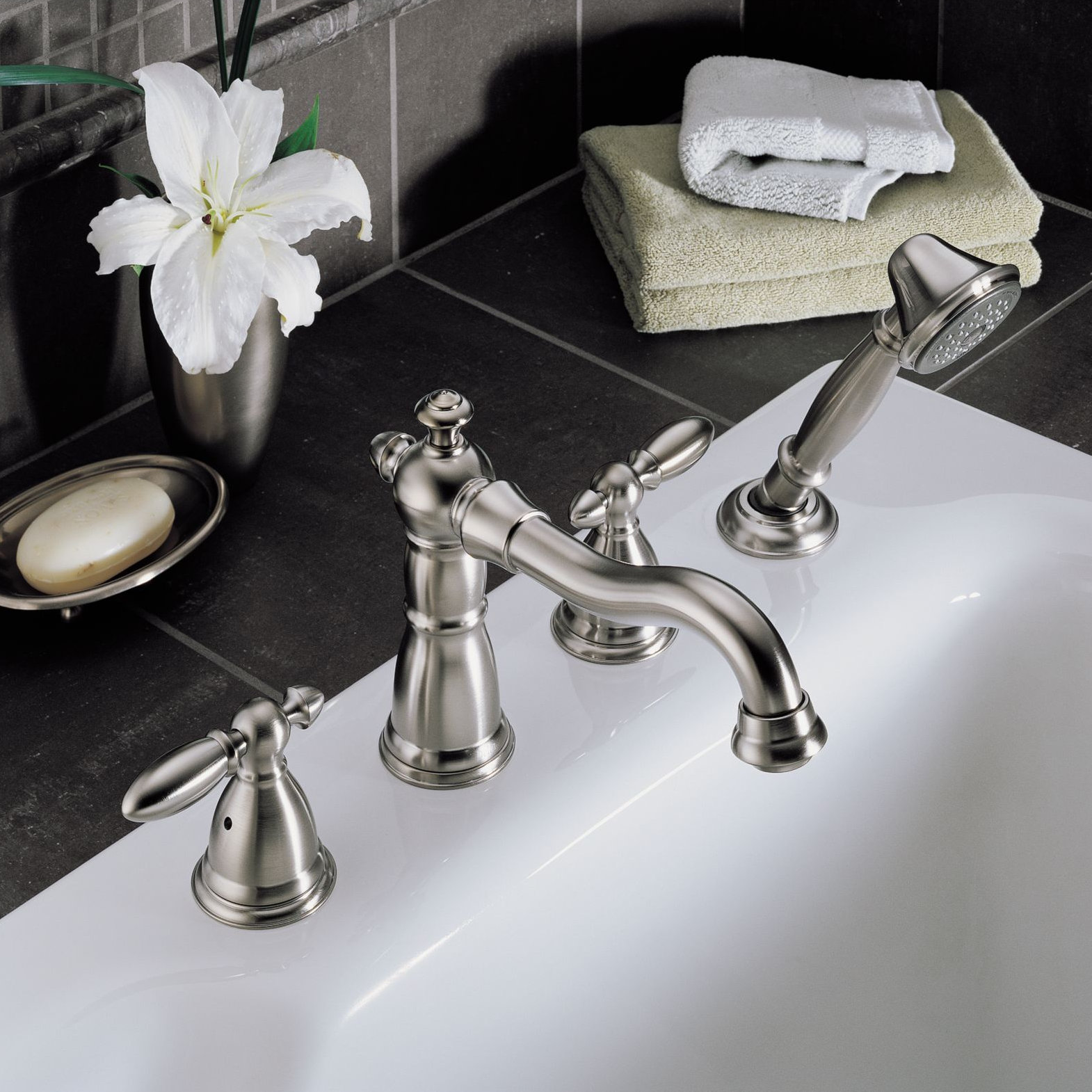Victorian Deck Tub Filler with Handshower, Brilliance Stainless